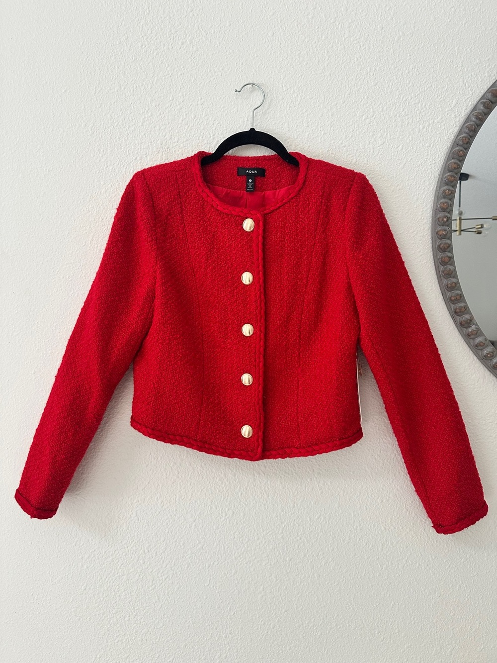 Aqua Red Bouclé Tweed Cropped Jacket with Gold Buttons NWT $128